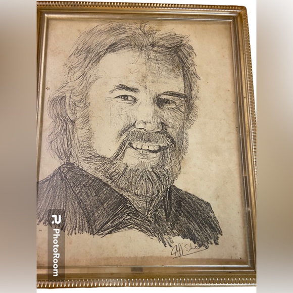 Vintage hand drawn graphite pencil drawing framed art Kenny rogers country music - Picture 2 of 5